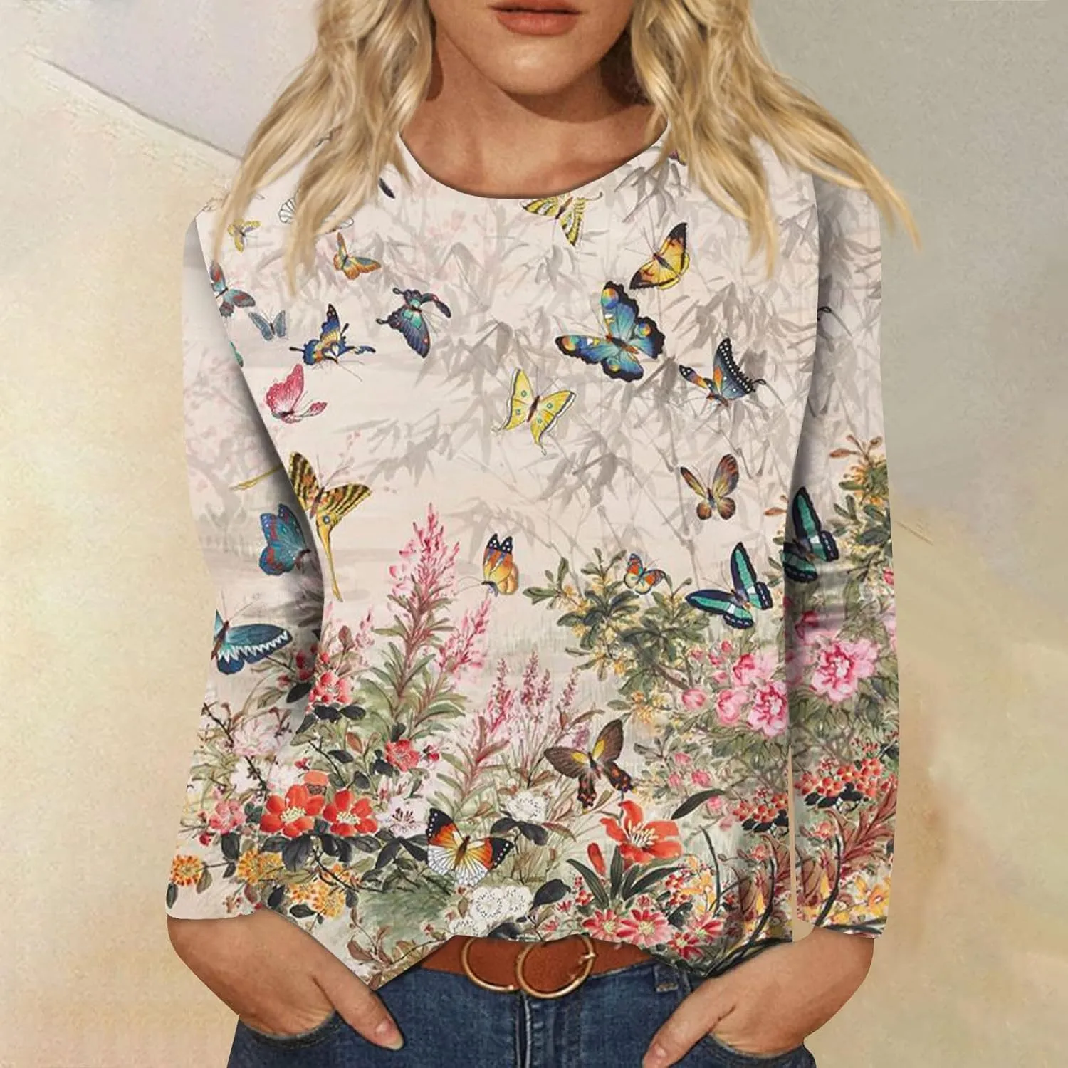 Long Sleeve Shirts for Women - Womens T Shirts Long Sleeve Crew Neck Shirts Basic Tee Sort Comfy Printed Tops Blouse