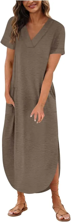 Long Summer Dresses for Women 2024 Casual Loose Split Short Sleeve T Shirt Dresses Beach Sun dresses with Pockets