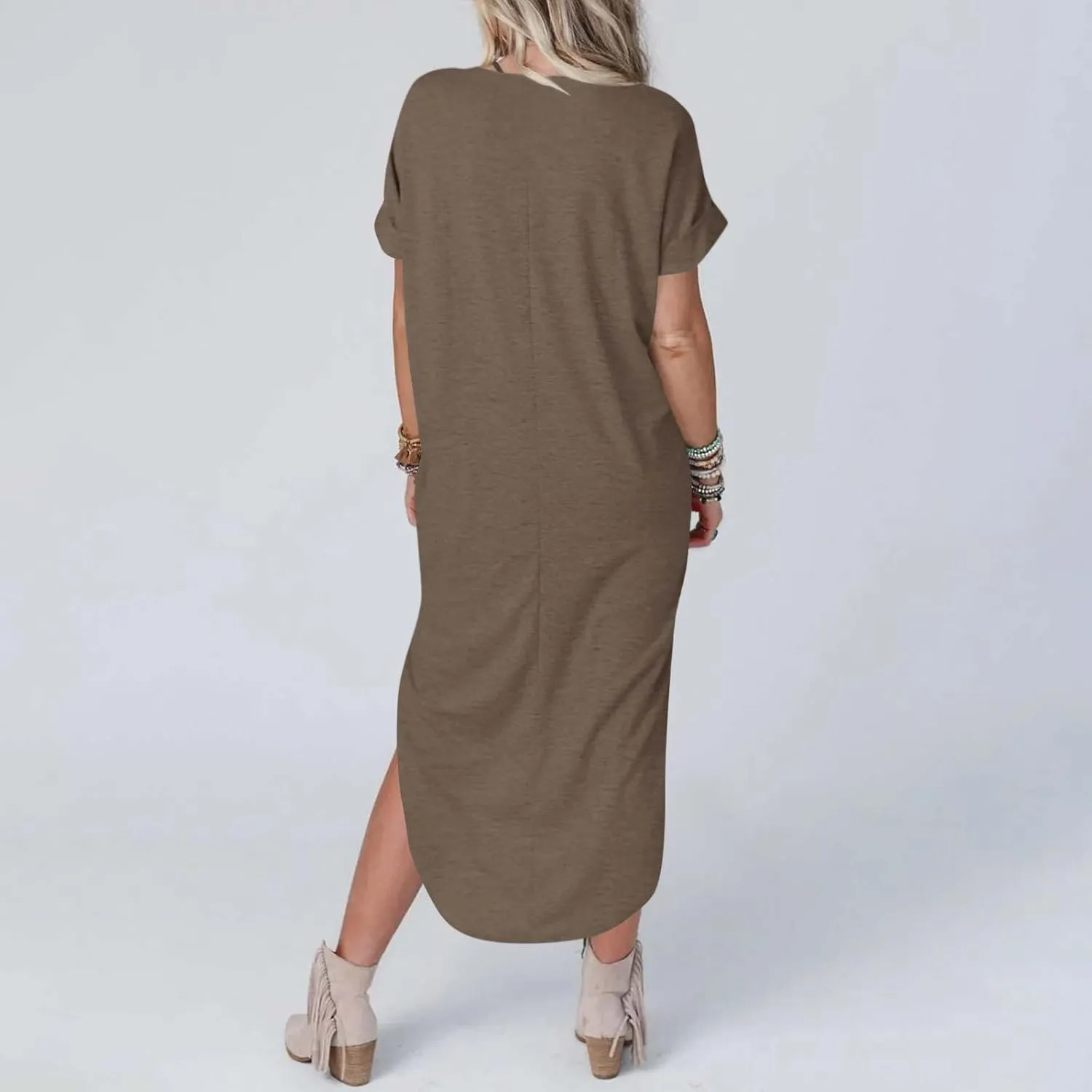 Long Summer Dresses for Women 2024 Casual Loose Split Short Sleeve T Shirt Dresses Beach Sun dresses with Pockets