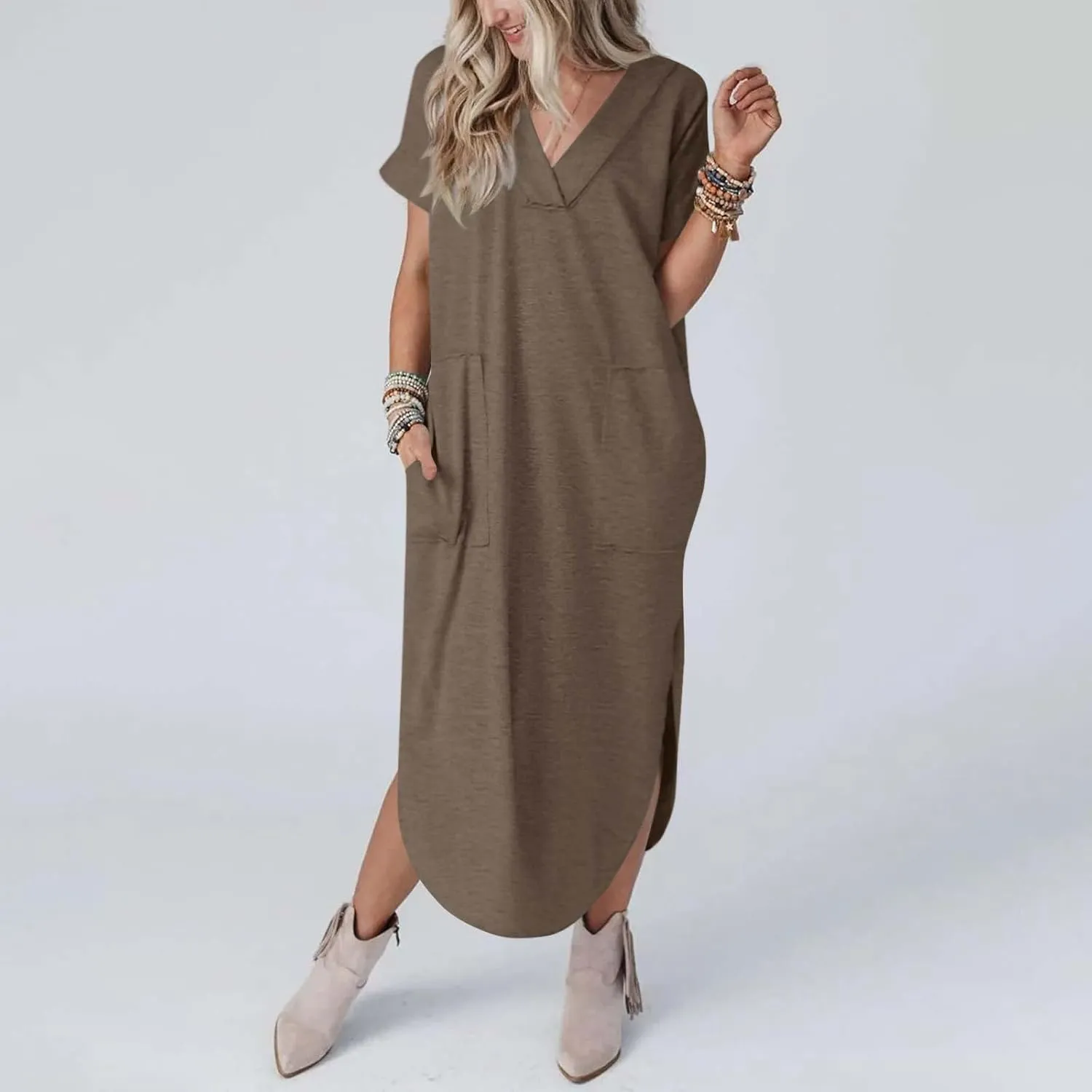 Long Summer Dresses for Women 2024 Casual Loose Split Short Sleeve T Shirt Dresses Beach Sun dresses with Pockets