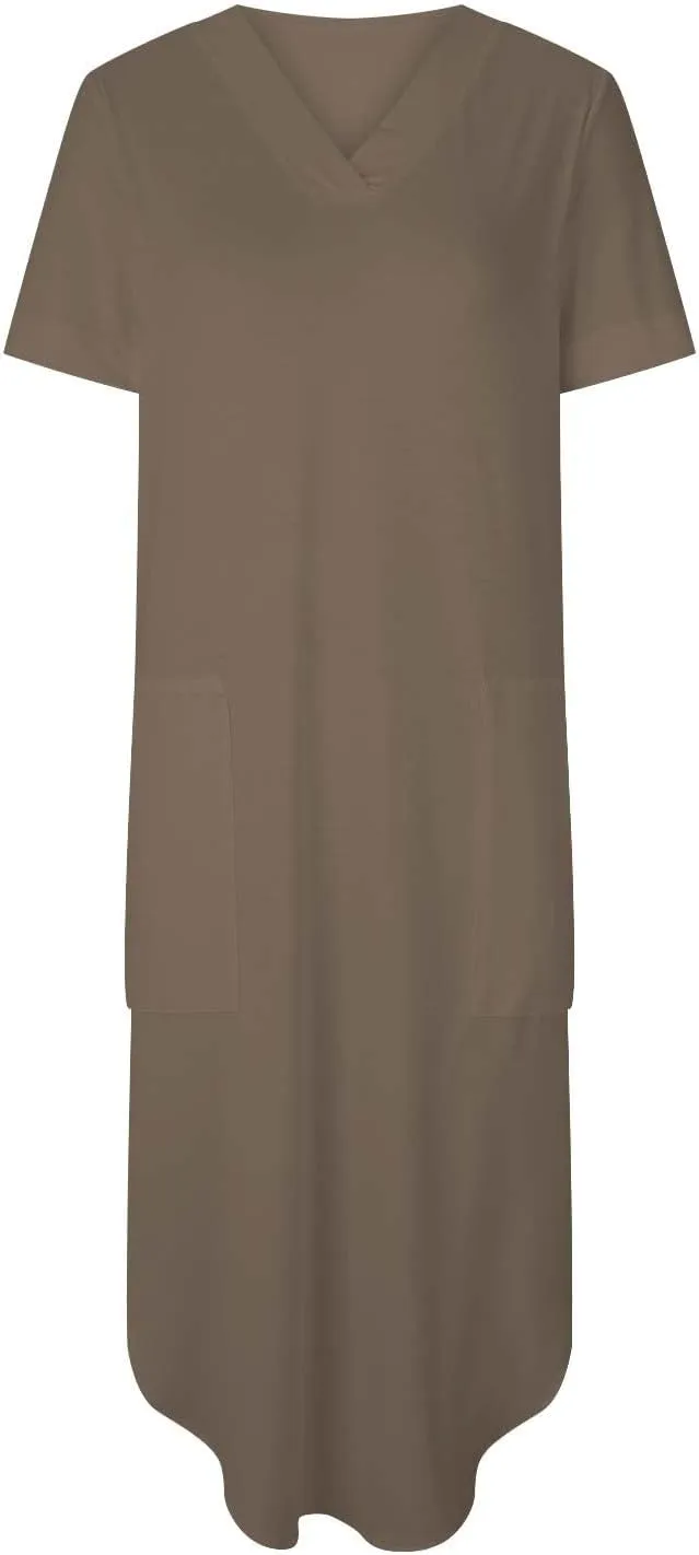 Long Summer Dresses for Women 2024 Casual Loose Split Short Sleeve T Shirt Dresses Beach Sun dresses with Pockets