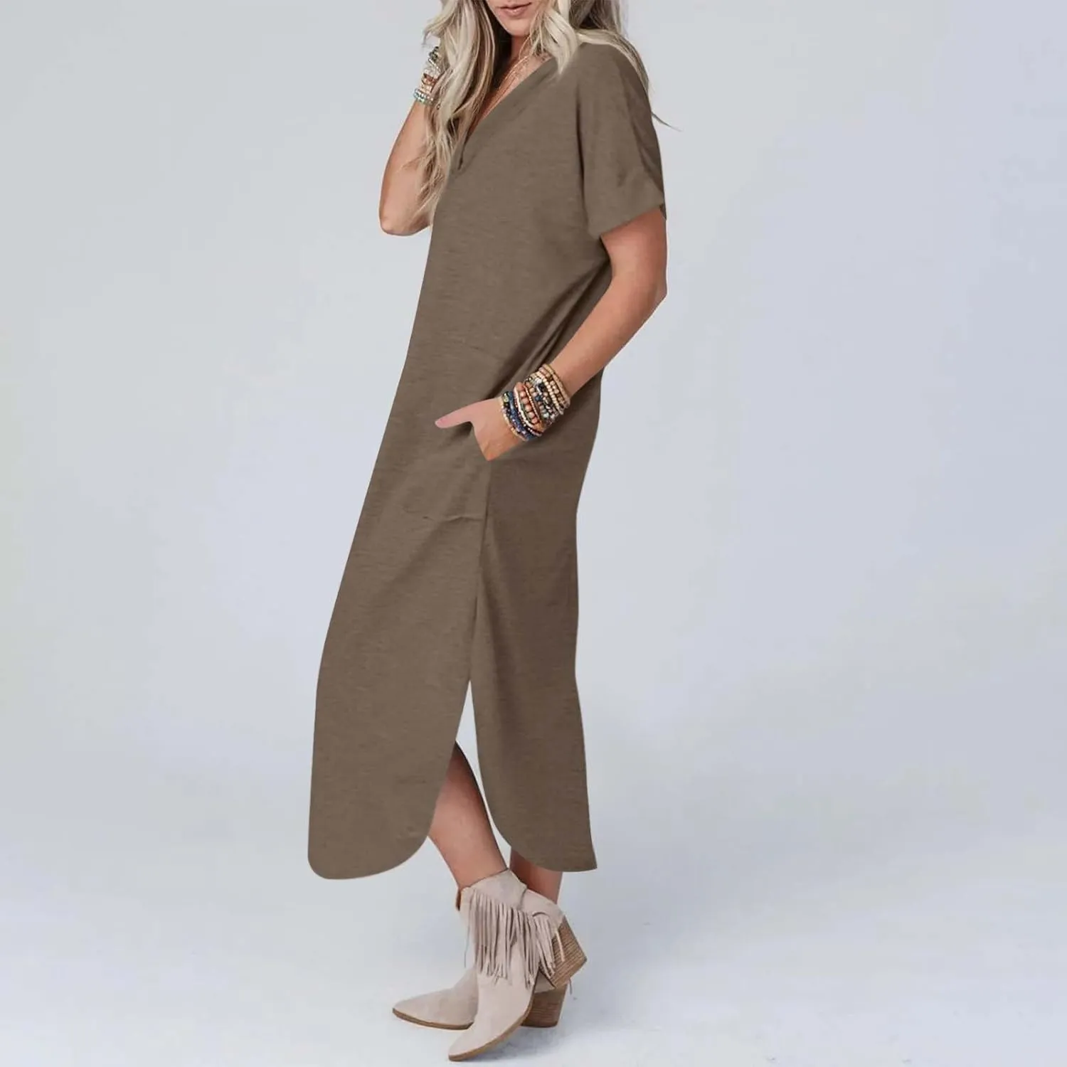 Long Summer Dresses for Women 2024 Casual Loose Split Short Sleeve T Shirt Dresses Beach Sun dresses with Pockets