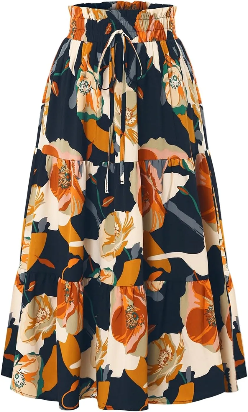 Long Summer Skirts Maxi Spring Flowy Boho Comfy Tiered Western Pleated Maxi Skirts for Women