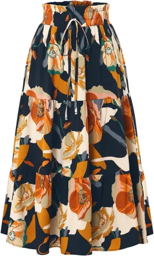 Long Summer Skirts Maxi Spring Flowy Boho Comfy Tiered Western Pleated Maxi Skirts for Women