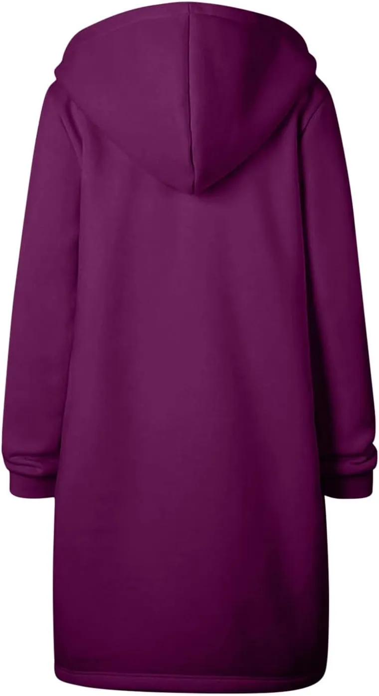 Longline Zip Up Hoodies for Women Casual Fleece Long Sweatshirt Jacket Warm Hooded Coats Winter Fall Outerwear