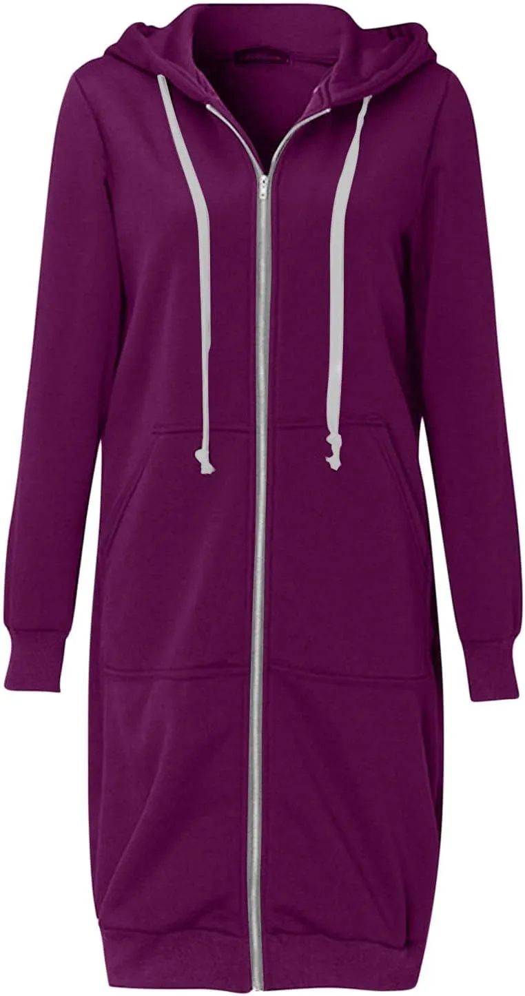 Longline Zip Up Hoodies for Women Casual Fleece Long Sweatshirt Jacket Warm Hooded Coats Winter Fall Outerwear