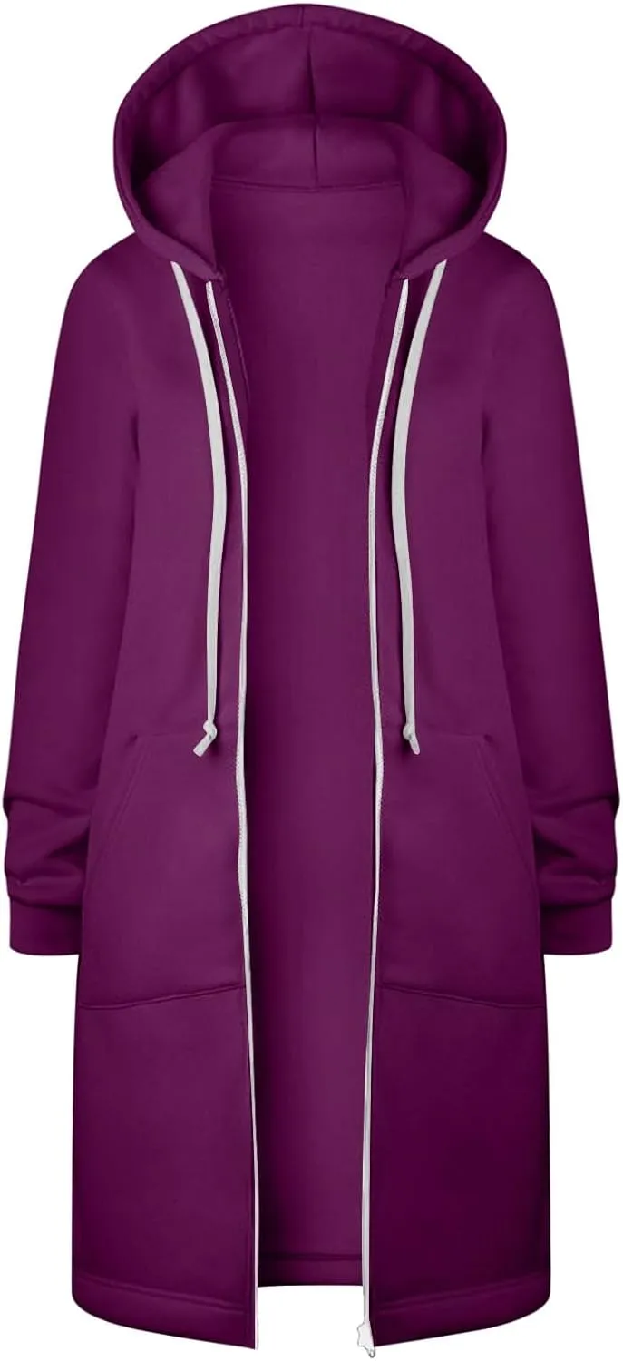 Longline Zip Up Hoodies for Women Casual Fleece Long Sweatshirt Jacket Warm Hooded Coats Winter Fall Outerwear