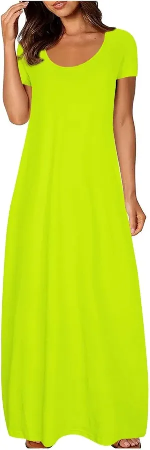 Loose Fit Plus Size Dresses for Curvy Women Short Sleeve Crew Neck Summer Beach Dresses Flowy Maxi Tshirt Sundresses