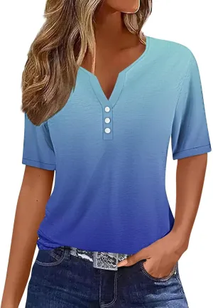 LRMQS Summer Tops for Women 2024 Trendy Vacation Short Sleeve Button V Neck T Shirt Boho Casual Fashion Spring Tee Clothes