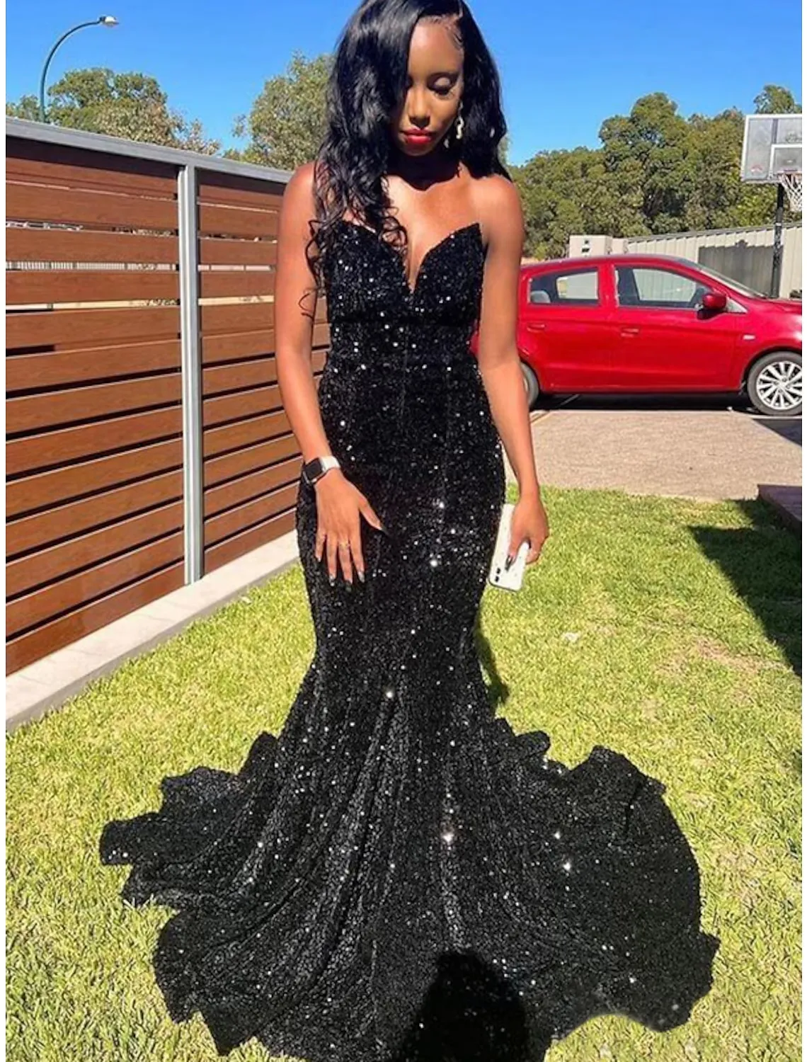 Luolandi Mermaid / Trumpet Prom Dresses Glittering Dress Graduation Floor Length Sleeveless V Neck Sequined
