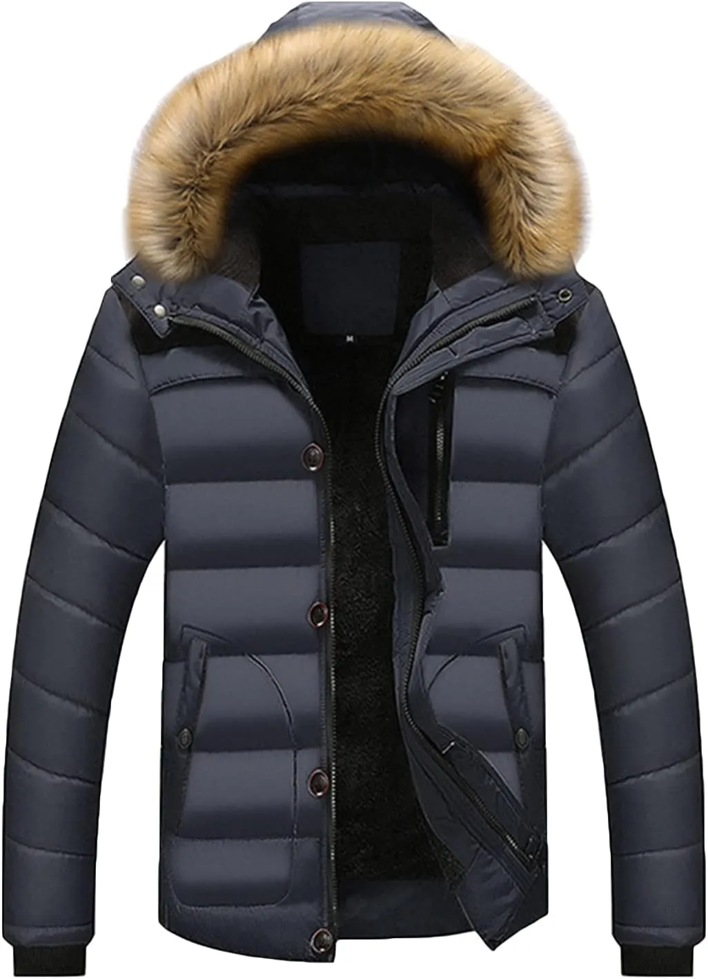 Lu's Chic Men's Faux Fur Hooded Jackets & Coats Winter Warm Quilted Outerwear Thick Full Zip Thermal Ourdoor Parka Jacket