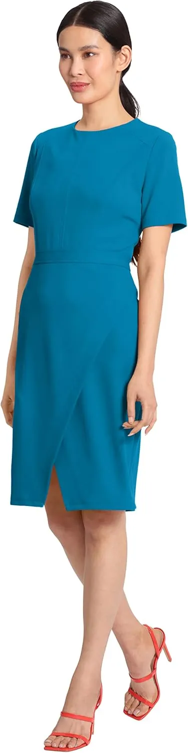 Maggy London Women's Sophisticated Crew Neck Sheath with Overlap Notch Hem Detail Career Workwear Desk to Dinner
