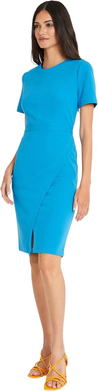 Maggy London Women's Sophisticated Crew Neck Sheath with Overlap Notch Hem Detail Career Workwear Desk to Dinner
