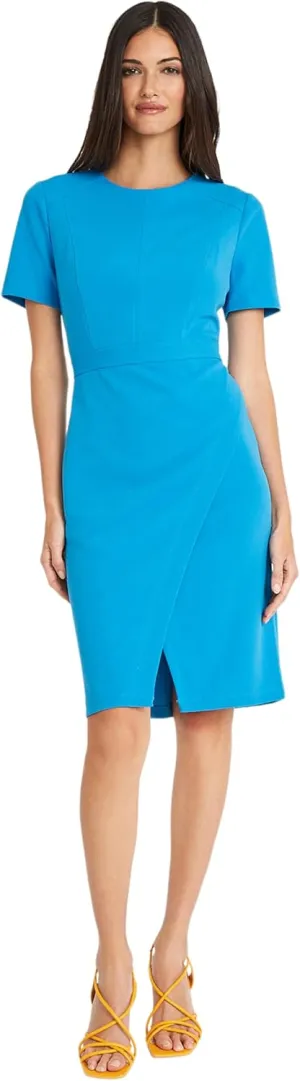 Maggy London Women's Sophisticated Crew Neck Sheath with Overlap Notch Hem Detail Career Workwear Desk to Dinner