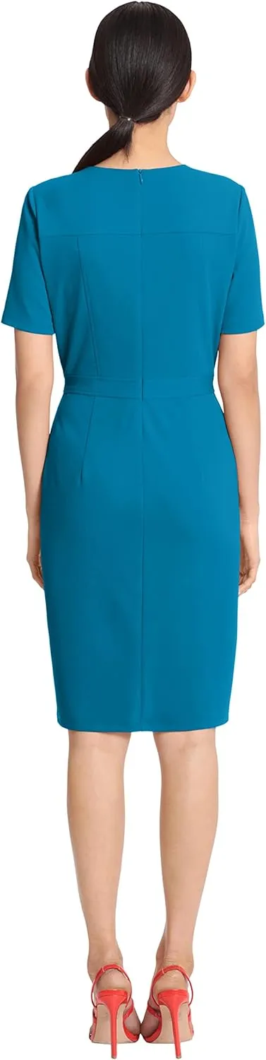 Maggy London Women's Sophisticated Crew Neck Sheath with Overlap Notch Hem Detail Career Workwear Desk to Dinner
