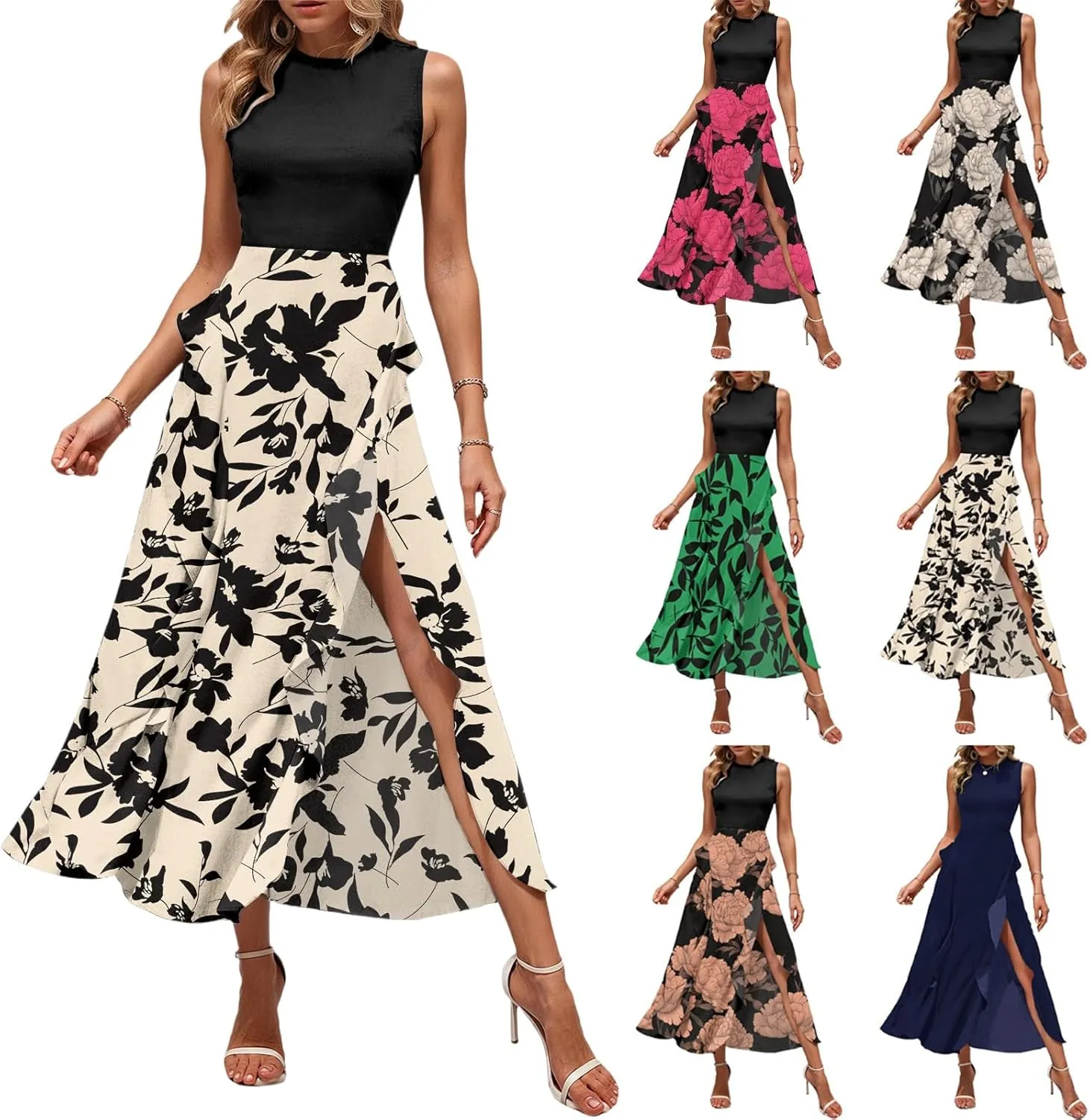 Maxi Dresses for Women 2025 Sleeveless Floral Split Midi Dresses Summer Boho Beach Vacation Sundress Flowy Long Dress