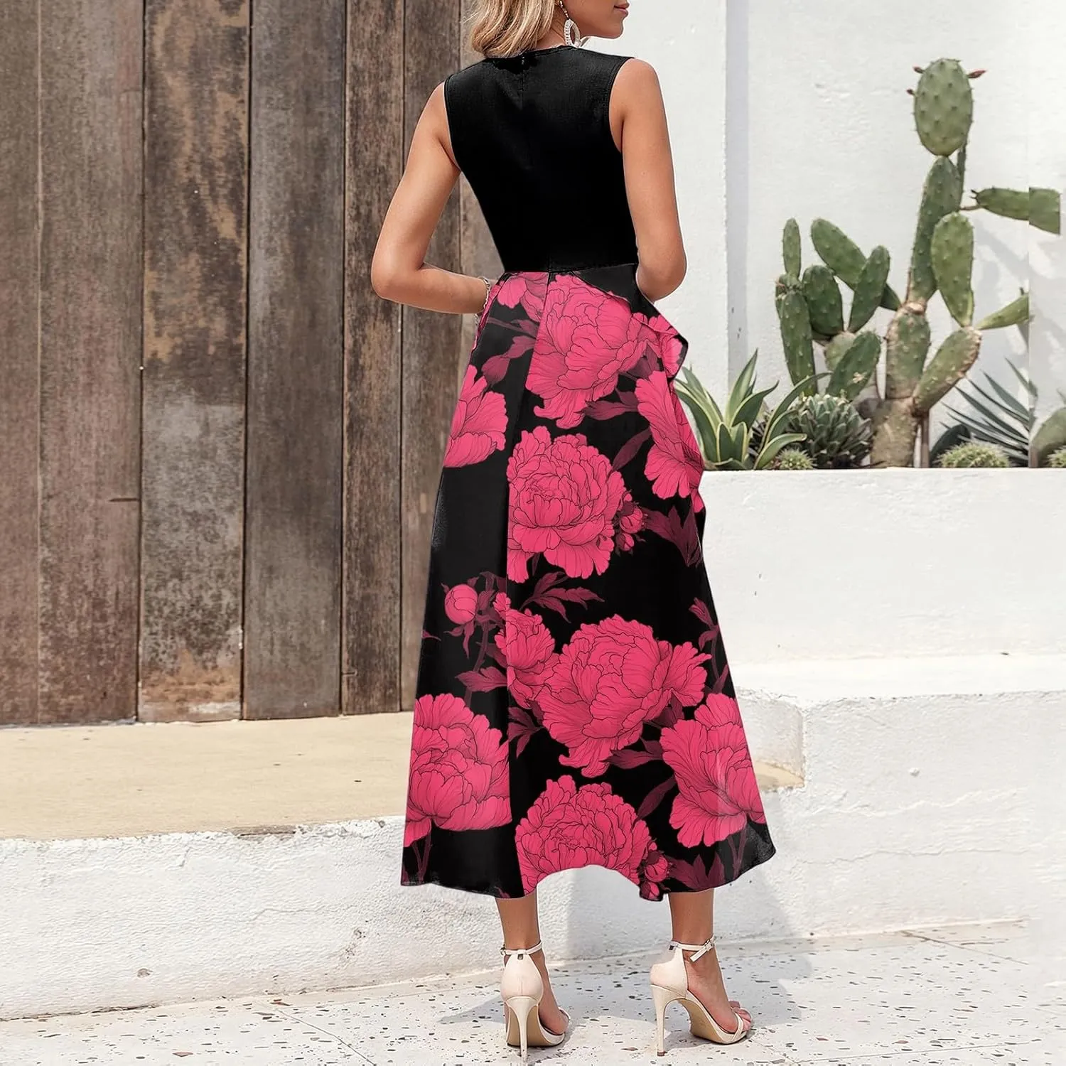 Maxi Dresses for Women 2025 Sleeveless Floral Split Midi Dresses Summer Boho Beach Vacation Sundress Flowy Long Dress