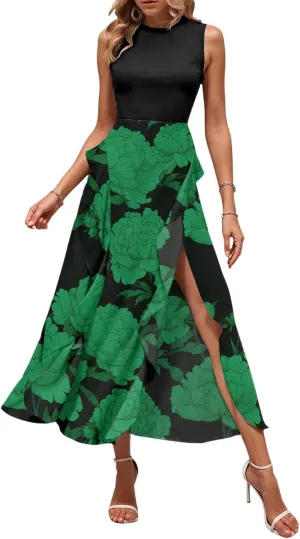 Maxi Dresses for Women 2025 Sleeveless Floral Split Midi Dresses Summer Boho Beach Vacation Sundress Flowy Long Dress