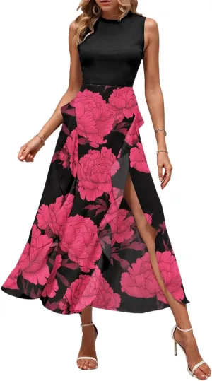 Maxi Dresses for Women 2025 Sleeveless Floral Split Midi Dresses Summer Boho Beach Vacation Sundress Flowy Long Dress