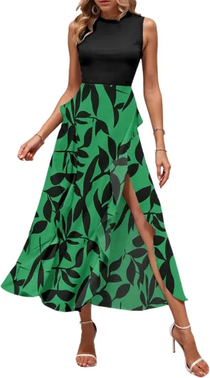 Maxi Dresses for Women 2025 Sleeveless Floral Split Midi Dresses Summer Boho Beach Vacation Sundress Flowy Long Dress