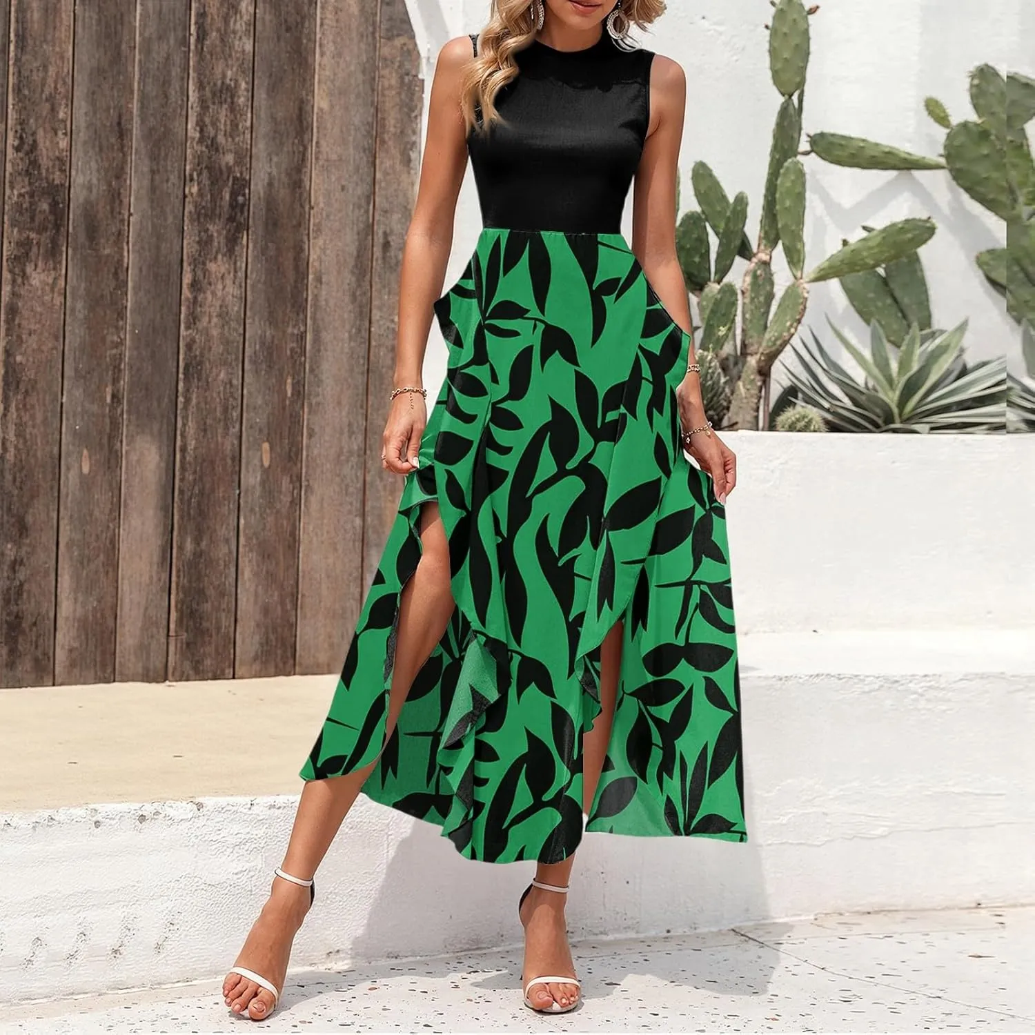 Maxi Dresses for Women 2025 Sleeveless Floral Split Midi Dresses Summer Boho Beach Vacation Sundress Flowy Long Dress