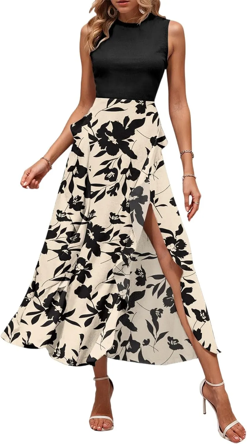 Maxi Dresses for Women 2025 Sleeveless Floral Split Midi Dresses Summer Boho Beach Vacation Sundress Flowy Long Dress