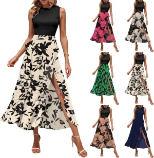 Maxi Dresses for Women 2025 Sleeveless Floral Split Midi Dresses Summer Boho Beach Vacation Sundress Flowy Long Dress