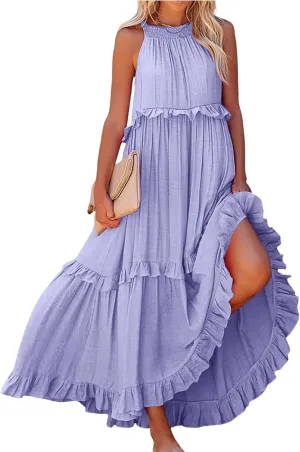 Maxi Dresses for Women 2025 Summer Sleeveless Halter Long Dress Loose Tiered Flowy Swing Smocked Ruffle Beach Dress