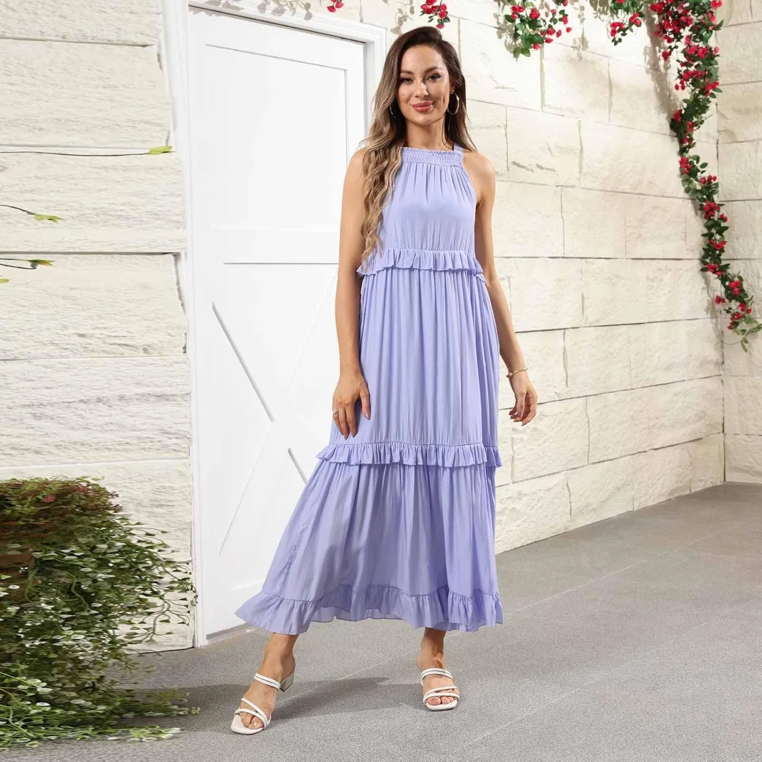 Maxi Dresses for Women 2025 Summer Sleeveless Halter Long Dress Loose Tiered Flowy Swing Smocked Ruffle Beach Dress