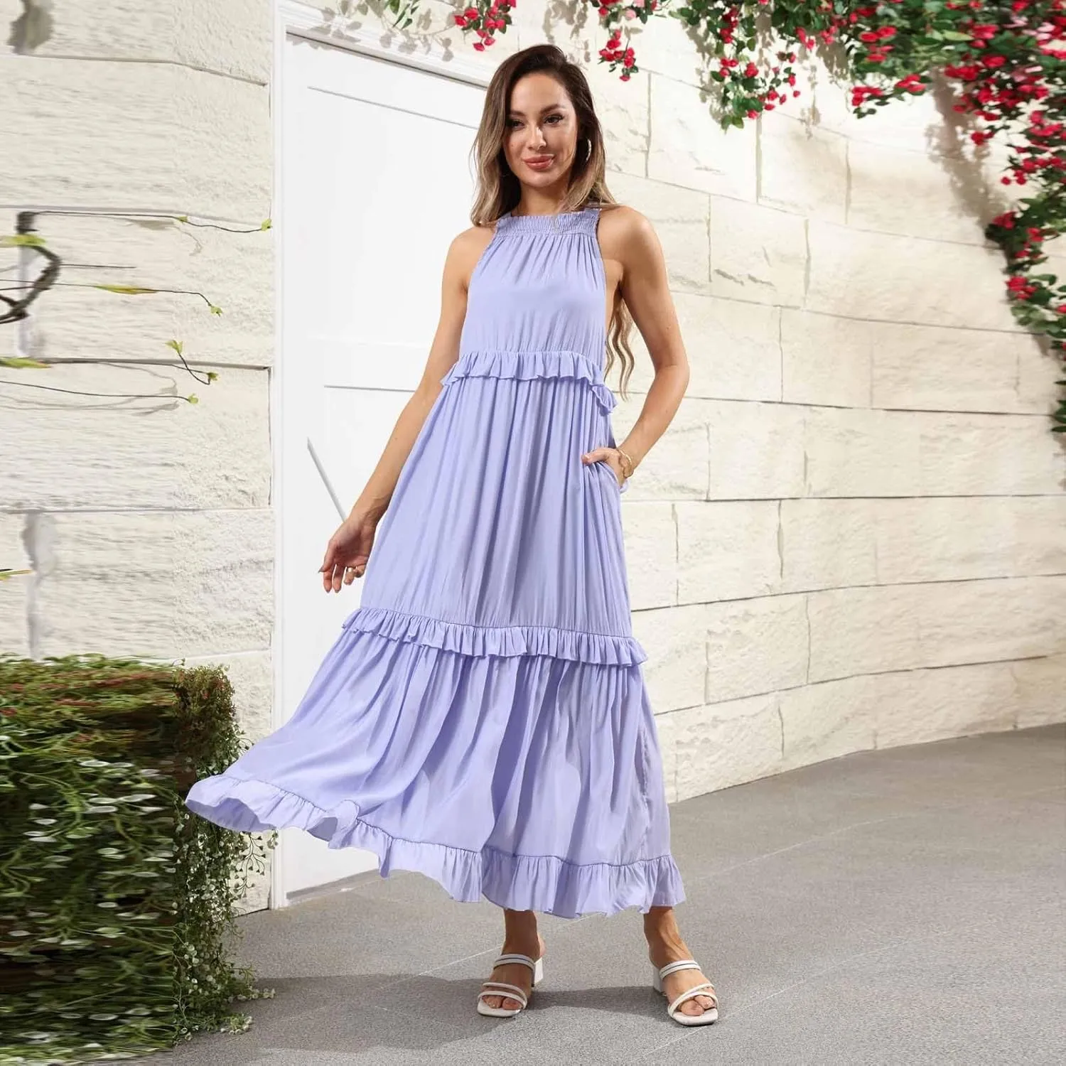 Maxi Dresses for Women 2025 Summer Sleeveless Halter Long Dress Loose Tiered Flowy Swing Smocked Ruffle Beach Dress