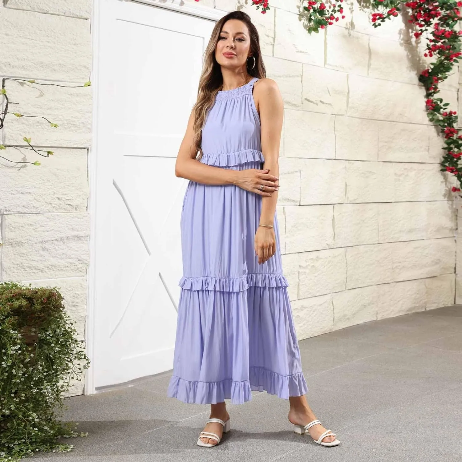 Maxi Dresses for Women 2025 Summer Sleeveless Halter Long Dress Loose Tiered Flowy Swing Smocked Ruffle Beach Dress