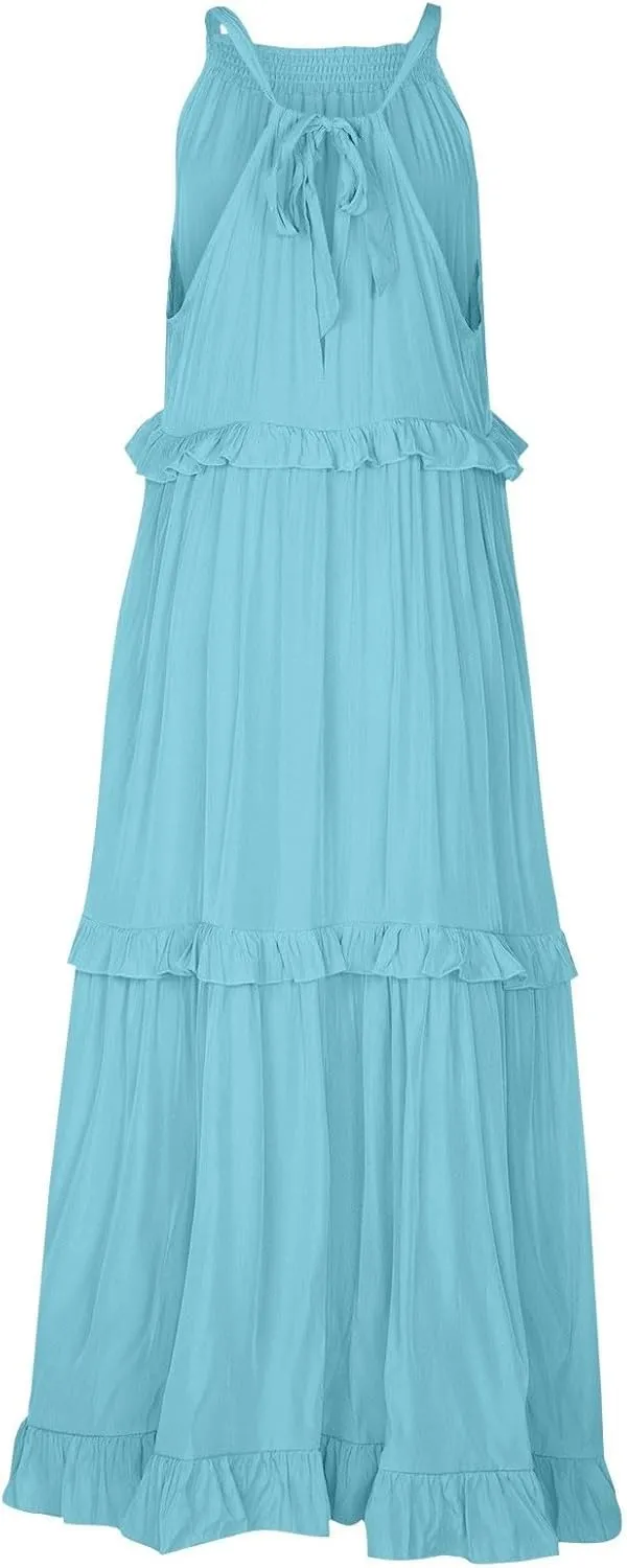 Maxi Dresses for Women 2025 Summer Smocked Ruffle Sundress Tiered Beach Dress Flowy Halter Sleeveless Long Dress