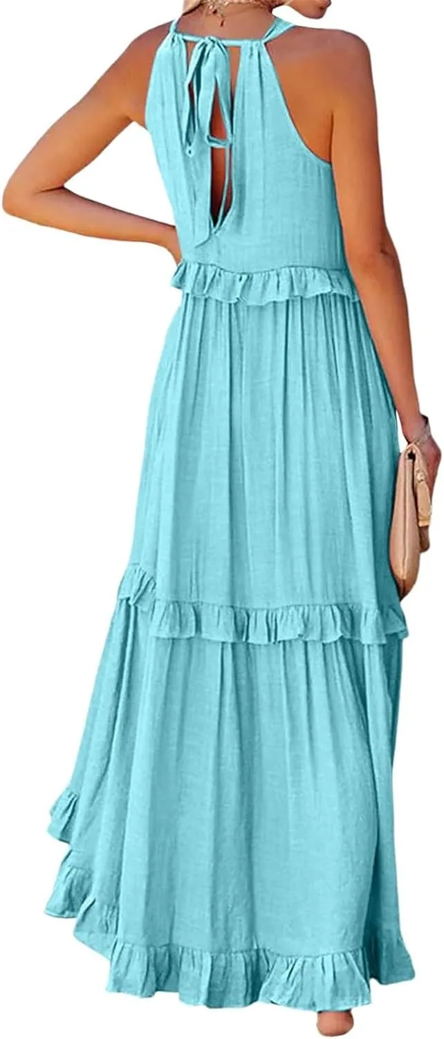 Maxi Dresses for Women 2025 Summer Smocked Ruffle Sundress Tiered Beach Dress Flowy Halter Sleeveless Long Dress