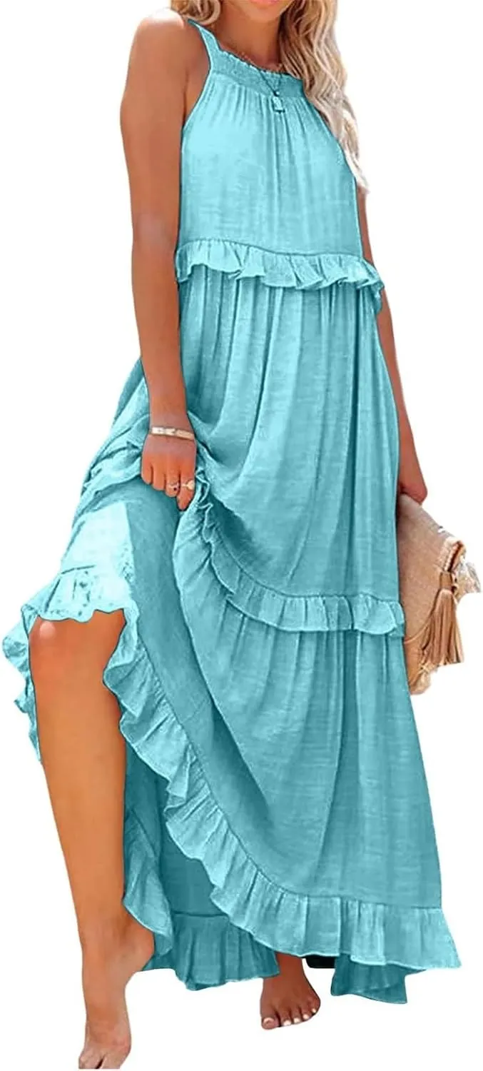 Maxi Dresses for Women 2025 Summer Smocked Ruffle Sundress Tiered Beach Dress Flowy Halter Sleeveless Long Dress