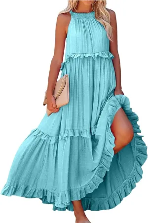 Maxi Dresses for Women 2025 Summer Smocked Ruffle Sundress Tiered Beach Dress Flowy Halter Sleeveless Long Dress