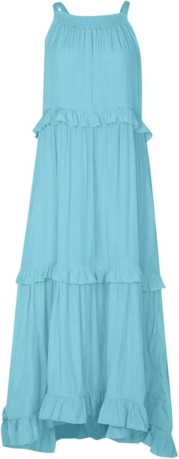 Maxi Dresses for Women 2025 Summer Smocked Ruffle Sundress Tiered Beach Dress Flowy Halter Sleeveless Long Dress