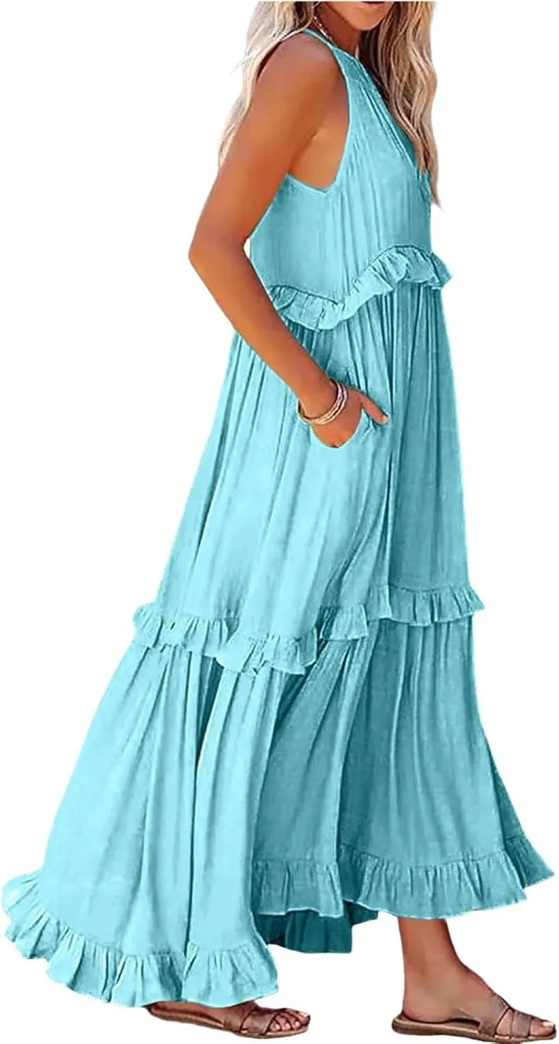 Maxi Dresses for Women 2025 Summer Smocked Ruffle Sundress Tiered Beach Dress Flowy Halter Sleeveless Long Dress