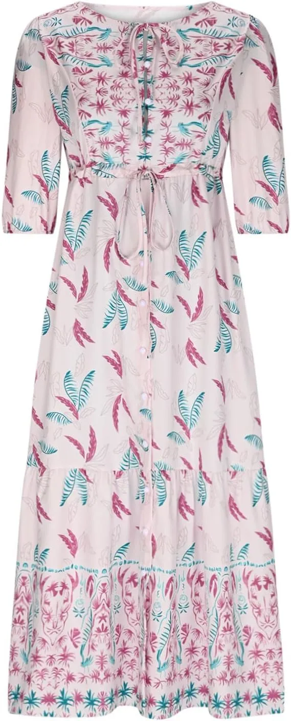 Maxi Dresses for Women Short Sleeve Boho Floral Print Button T Shirt Dress Casual Ruffle Loose Long Tunic Dresses