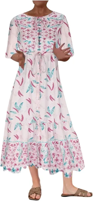Maxi Dresses for Women Short Sleeve Boho Floral Print Button T Shirt Dress Casual Ruffle Loose Long Tunic Dresses