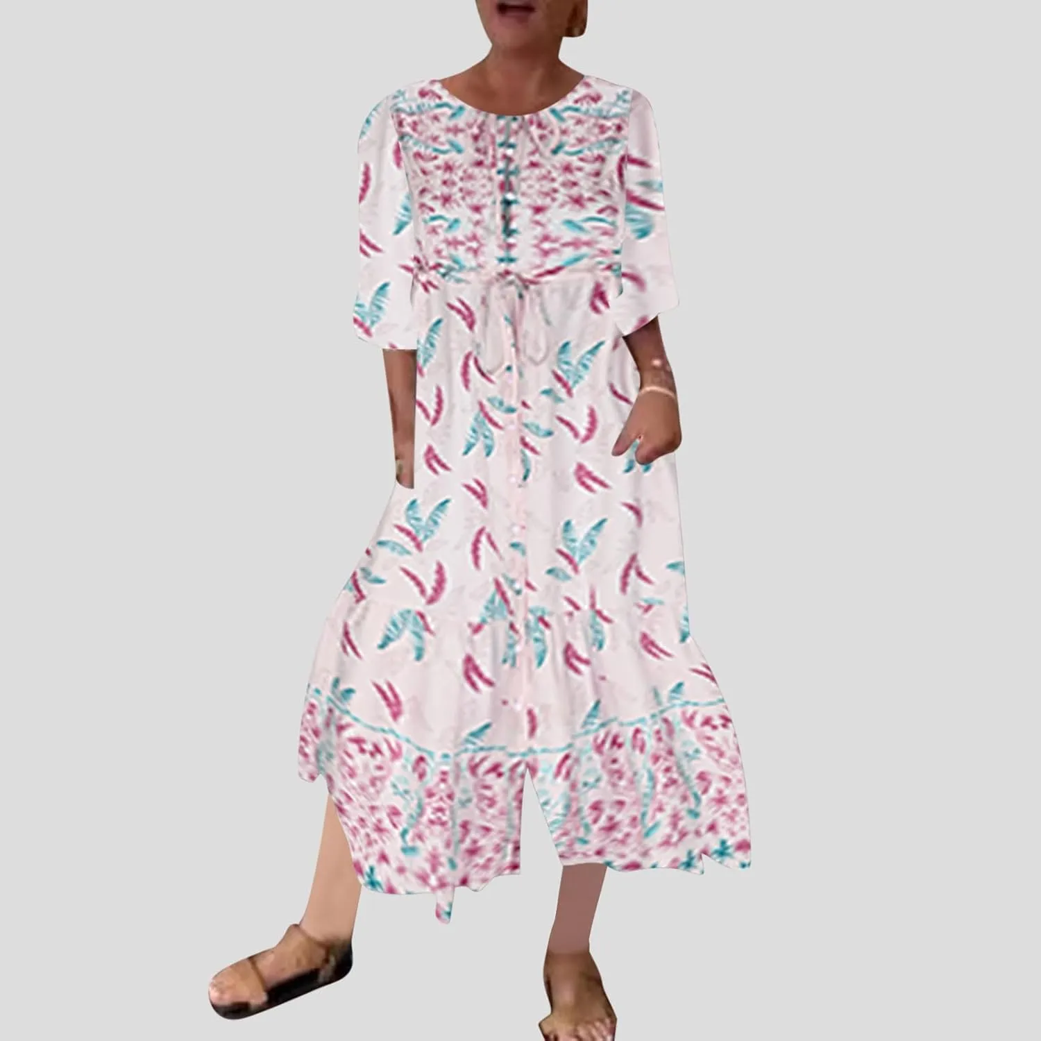Maxi Dresses for Women Short Sleeve Boho Floral Print Button T Shirt Dress Casual Ruffle Loose Long Tunic Dresses