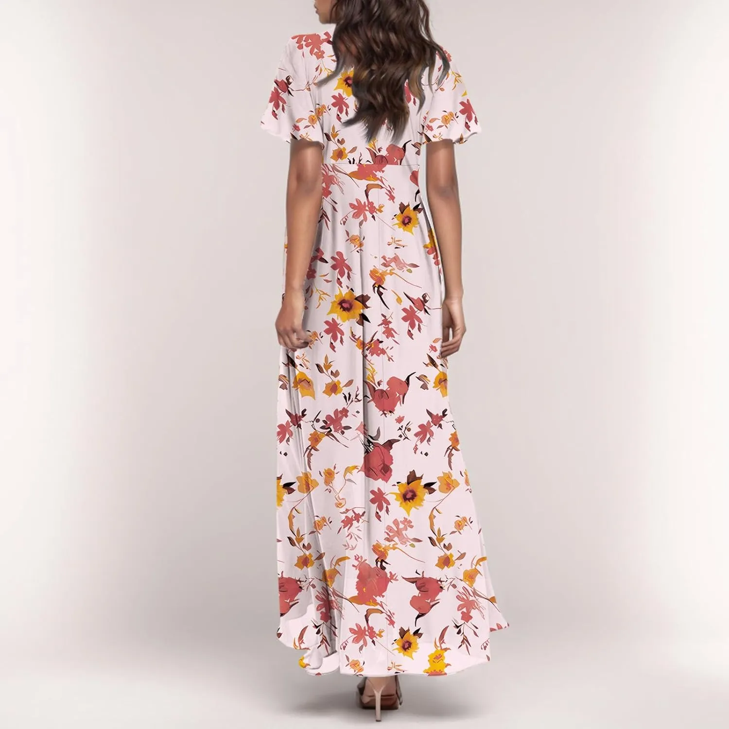Maxi Floral Dresses for Women 2025 Summer Elegant Flowy Sundresses Trendy Flutter Sleeve Boho Long Dress V Neck Party