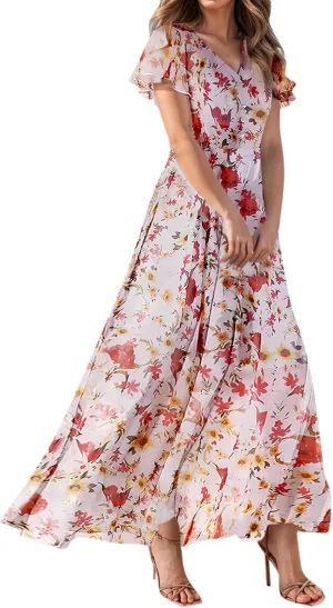 Maxi Floral Dresses for Women 2025 Summer Elegant Flowy Sundresses Trendy Flutter Sleeve Boho Long Dress V Neck Party