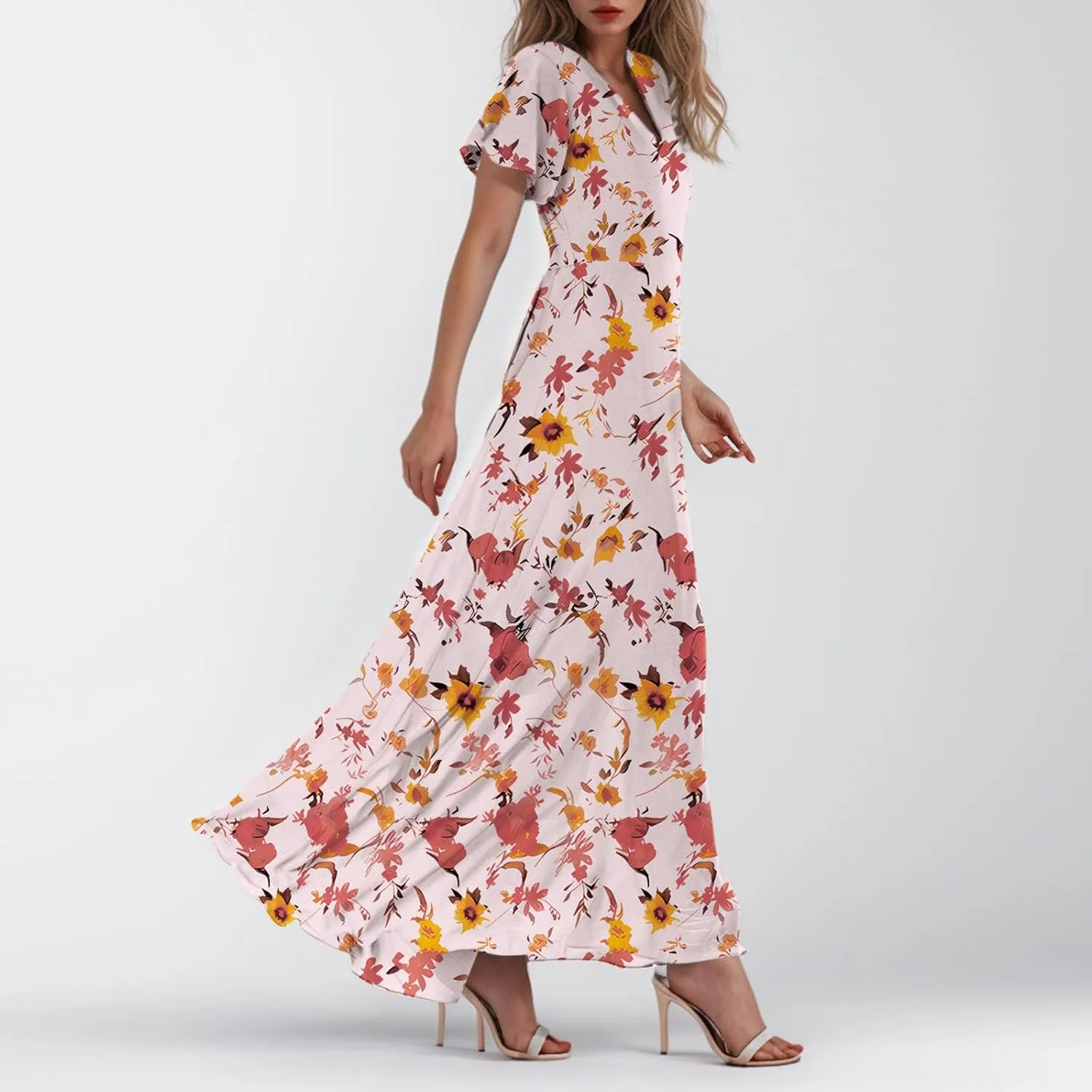 Maxi Floral Dresses for Women 2025 Summer Elegant Flowy Sundresses Trendy Flutter Sleeve Boho Long Dress V Neck Party