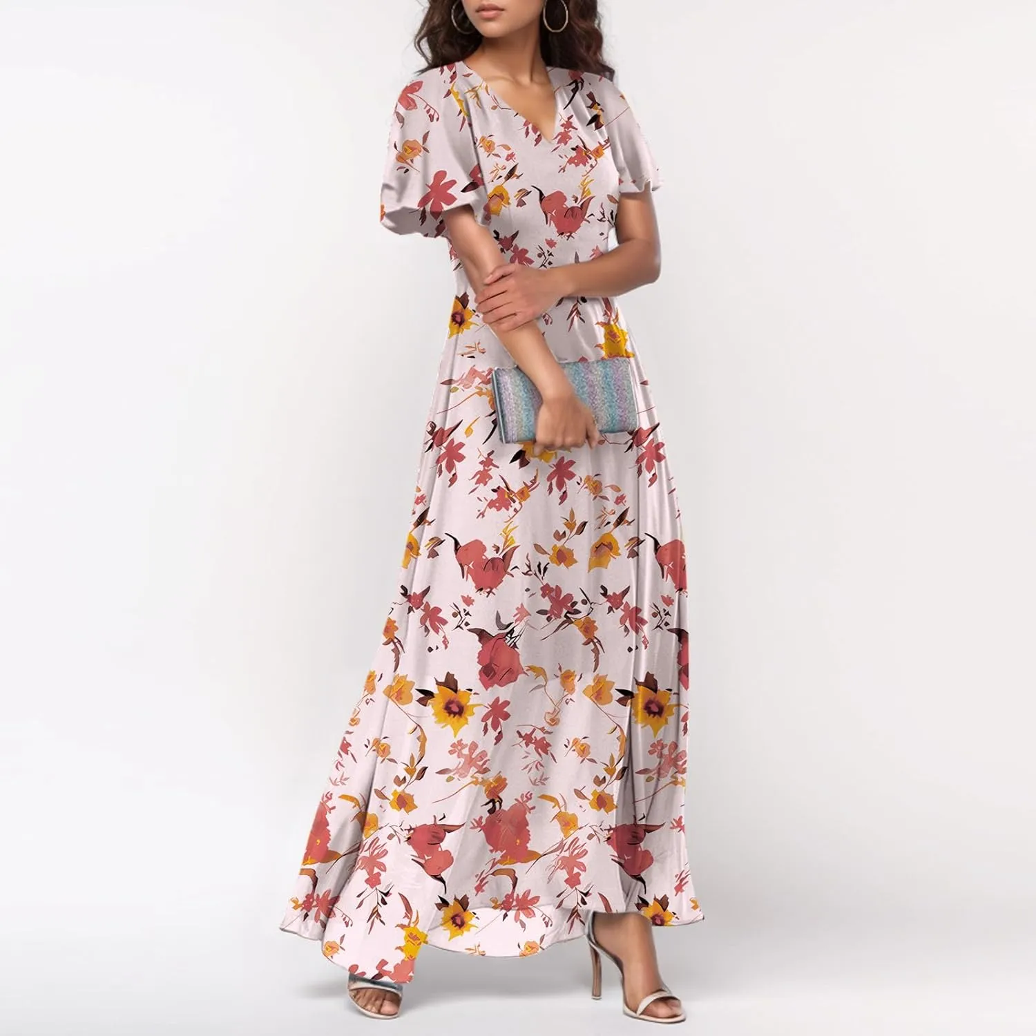 Maxi Floral Dresses for Women 2025 Summer Elegant Flowy Sundresses Trendy Flutter Sleeve Boho Long Dress V Neck Party