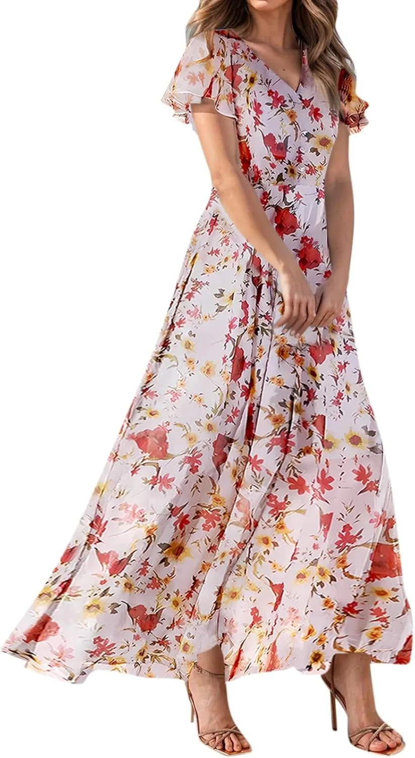 Maxi Floral Dresses for Women 2025 Summer Elegant Flowy Sundresses Trendy Flutter Sleeve Boho Long Dress V Neck Party
