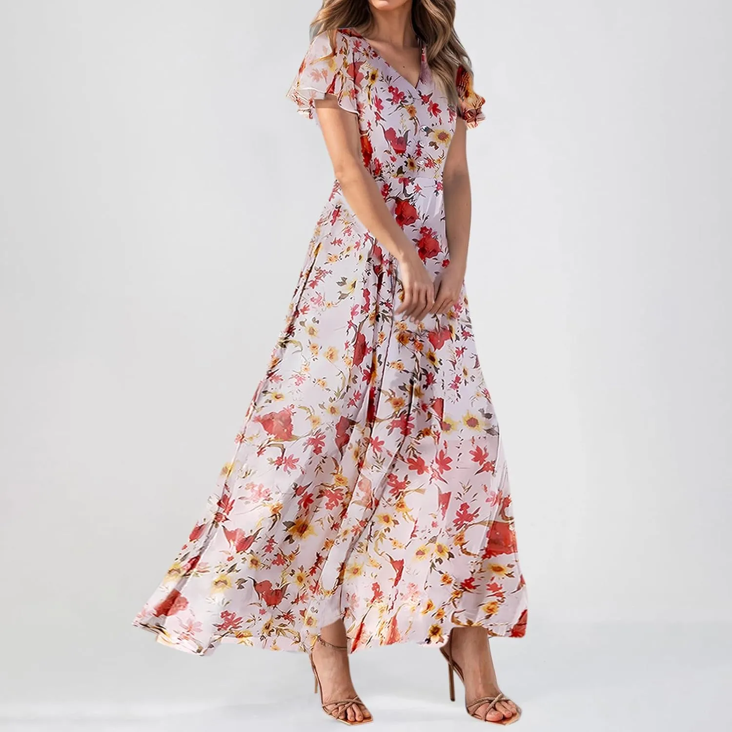 Maxi Floral Dresses for Women 2025 Summer Elegant Flowy Sundresses Trendy Flutter Sleeve Boho Long Dress V Neck Party