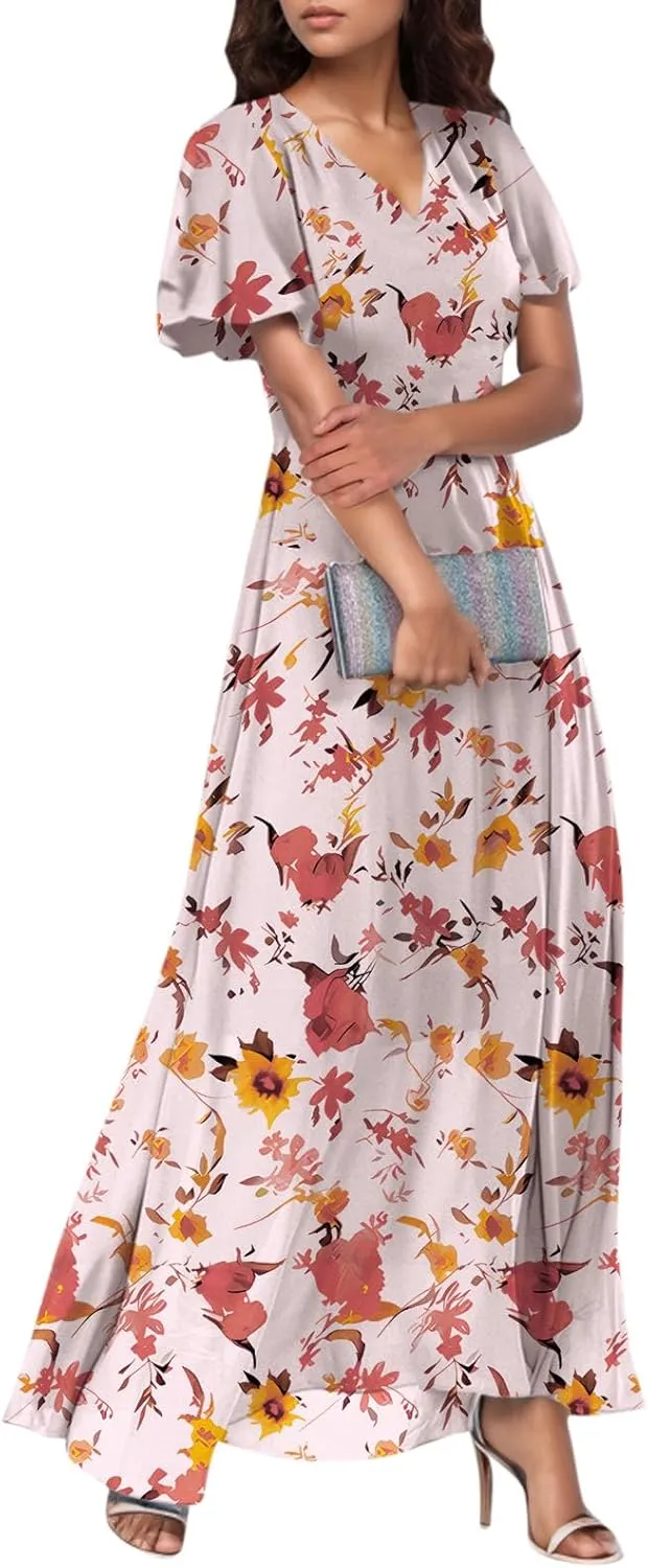 Maxi Floral Dresses for Women 2025 Summer Elegant Flowy Sundresses Trendy Flutter Sleeve Boho Long Dress V Neck Party