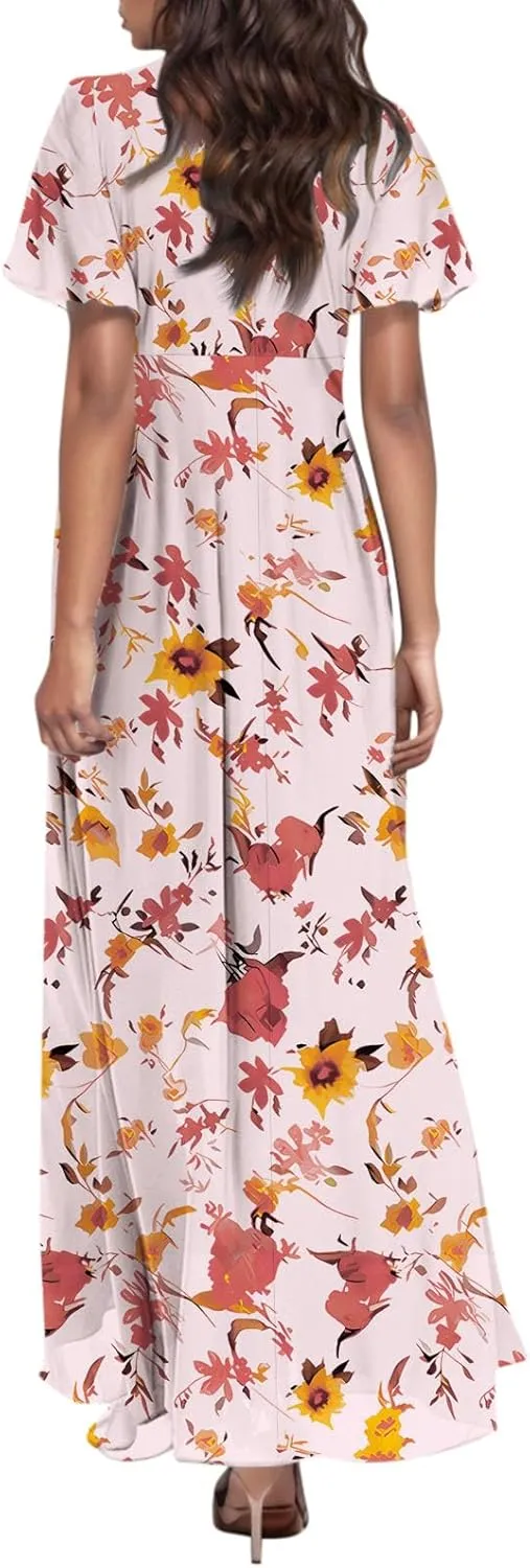 Maxi Floral Dresses for Women 2025 Summer Elegant Flowy Sundresses Trendy Flutter Sleeve Boho Long Dress V Neck Party