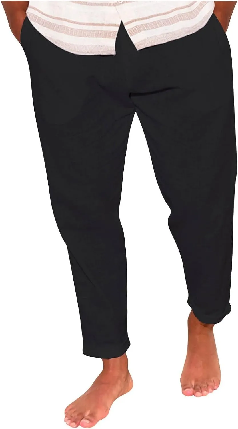 Men's Baggy Cotton Linen Pants Casual Lightweight Summer Beach Trousers with Pockets Dress