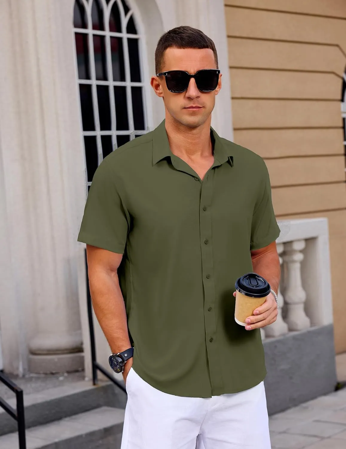 Mens Button Down Short Sleeve Shirt Casual Summer Wedding Untucked Dress Shirts